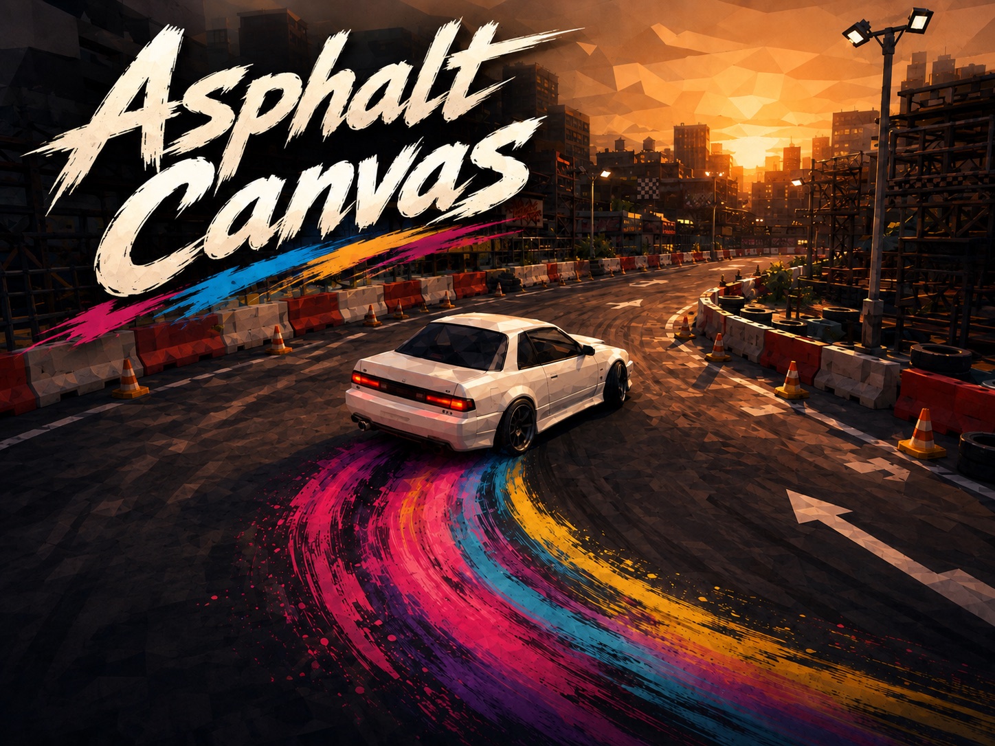 Asphalt Canvas: um cupê low poly derrapando ao pôr do sol, deixando um rastro de tinta em rosa, azul e amarelo sobre o asfalto.